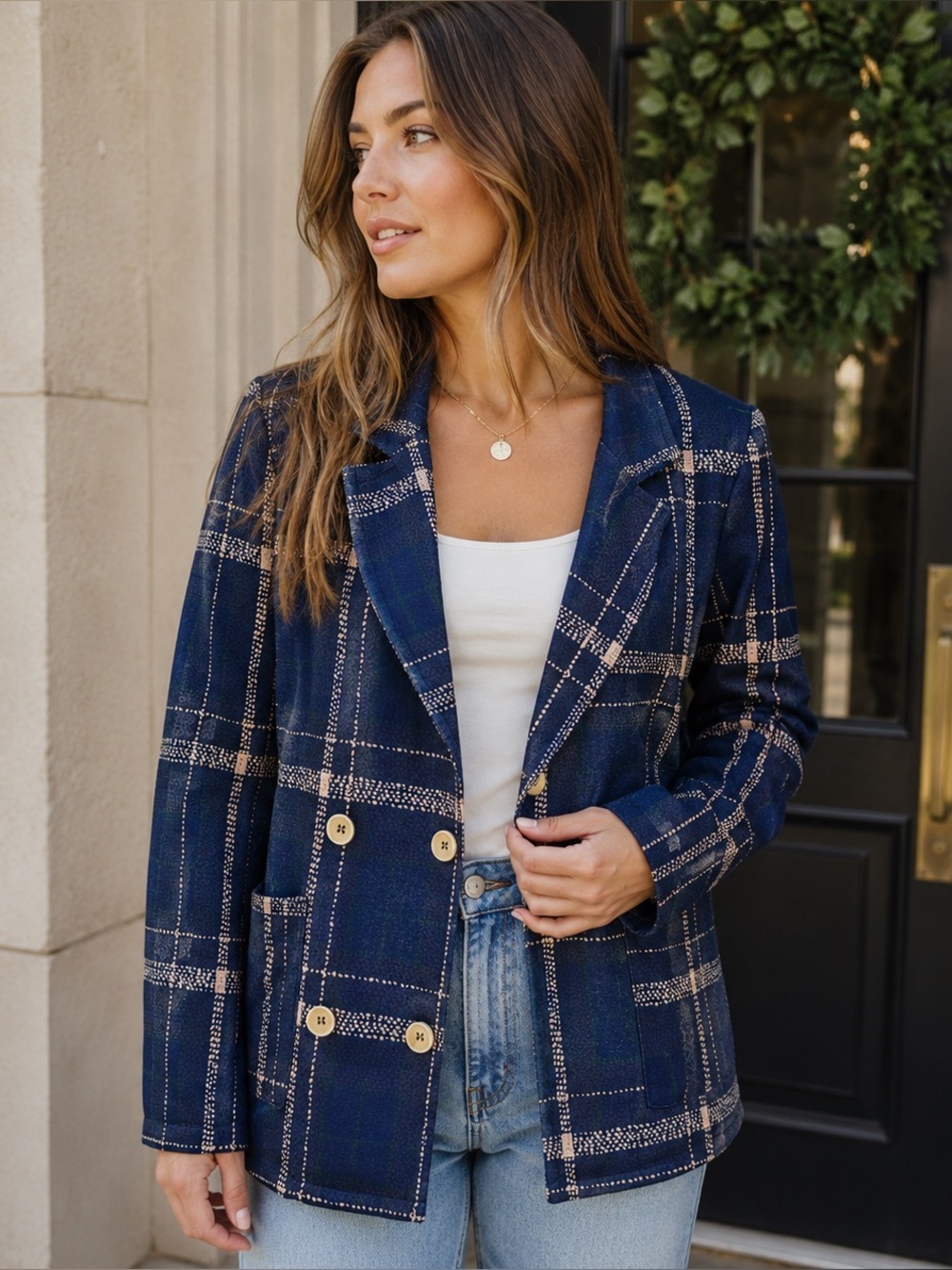 YOUSHUYUAN Women’s Plaid Double Breasted Blazer Navy Preppy Jacket Size 4